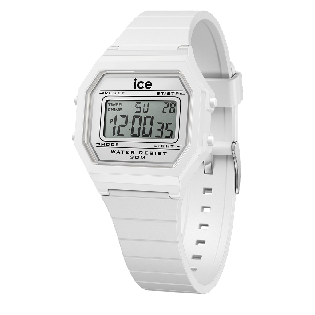 Gwylio Retro Digid Iâ gyda Deial Gwyn a Strap Gwyn 022899