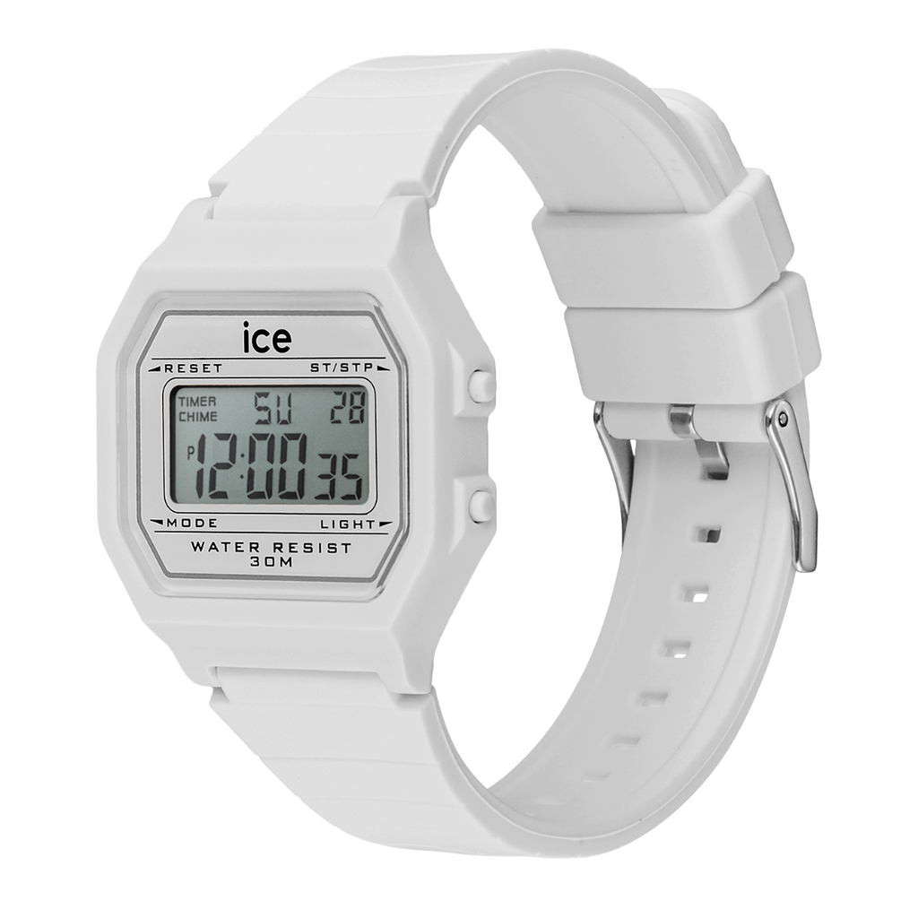 Gwylio Retro Digid Iâ gyda Deial Gwyn a Strap Gwyn 022899