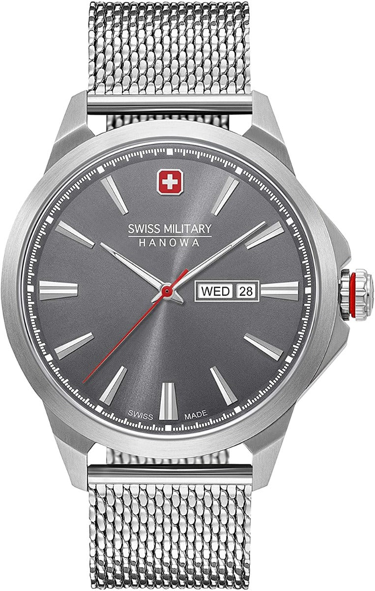 Gwylio Milwrol y Swistir i Ddynion gyda Deial Llwyd a Strap Milanese Arian 06-3346.04.009