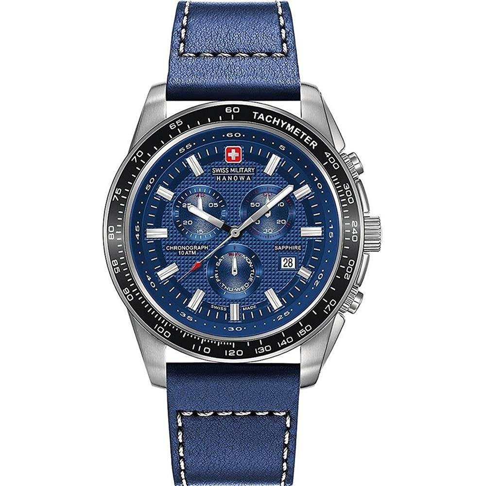 Gwylio Dynion Crusader Milwrol o'r Swistir Gyda Deial Cronograff Glas a Strap Lledr Glas 06-4225.04.003