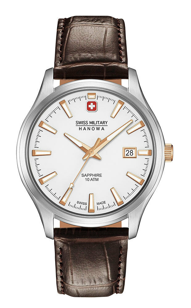 Clocsen Dynion Swiss Military Hanowa gyda Strap Lledr Brown 06-4303.04.001.09