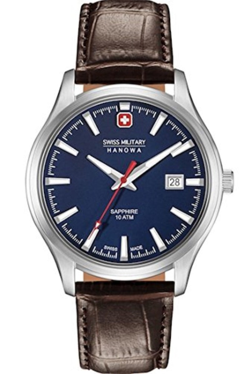 Gwylio Dynion Swiss Military Hanowa gyda Deial Glas a Strap Lledr Brown 06-4303.04.003