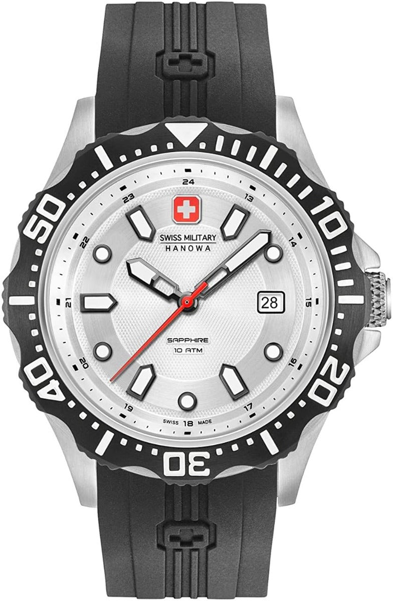 Fesur Gwrywaidd y Swistir gydag Wyneb Arian a Strap Silicon Du 06-4306.04.001