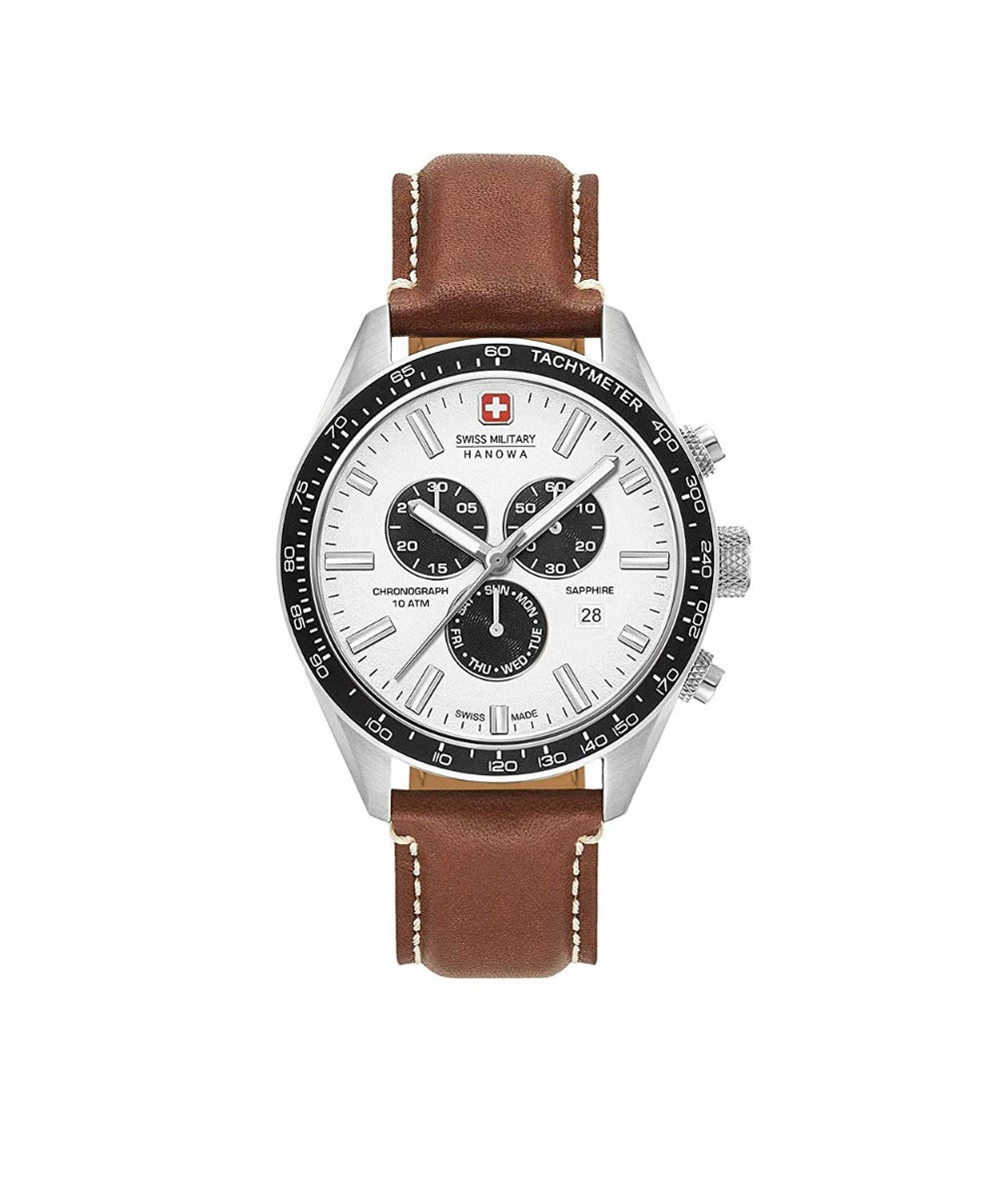 Gwylio Cwartz Cronograff i Ddynion Milwrol o'r Swistir gyda Strap Lledr Brown 06-4314.04.001