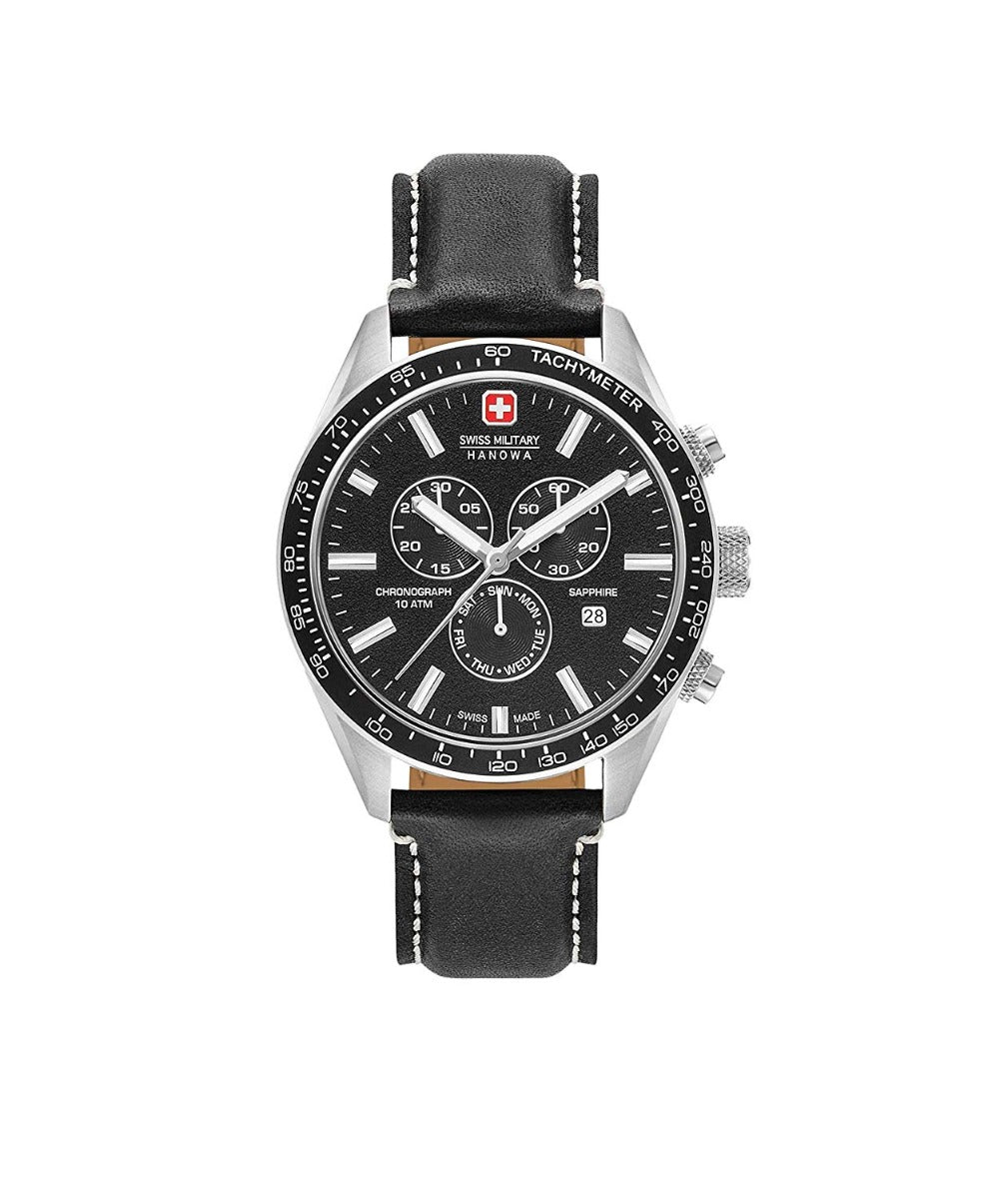 Gwylio Cronograff i Ddynion Swiss Military gyda Deial Du a Lledr Strap 06-4314.04.007