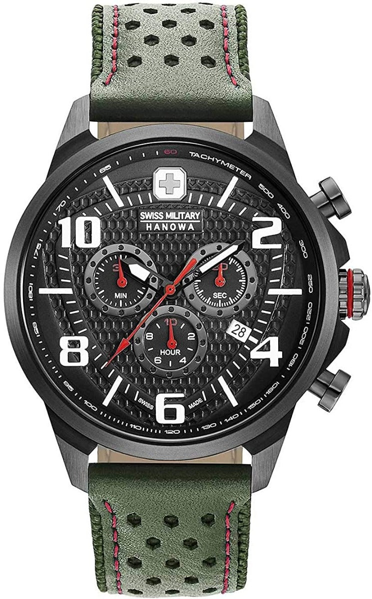 Gwylio Cronograff Airman Swiss Military Hanowa gyda Deial Du a Strap Lledr Gwyrdd 06-4328.13.007