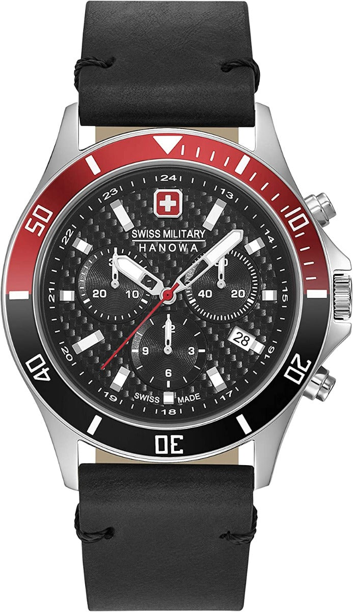 Swiss Military Mens Watch With Black Chronograph Dial and Black Leather Strap 06-4337.04.007.36