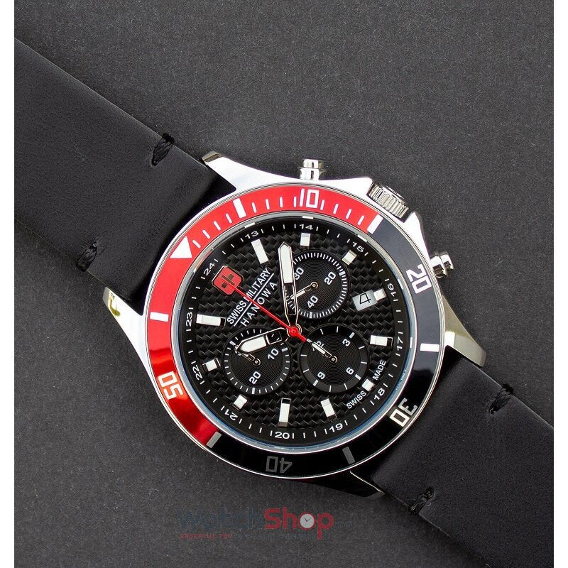 Swiss Military Mens Watch With Black Chronograph Dial and Black Leather Strap 06-4337.04.007.36