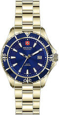 Gwylio Milwrol Swisaidd gyda Deial Glas a Strap Aur 06-5296.02.003
