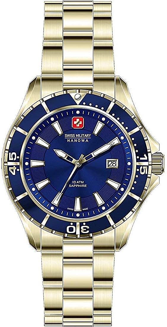 Gwylio Milwrol Swisaidd gyda Deial Glas a Strap Aur 06-5296.02.003