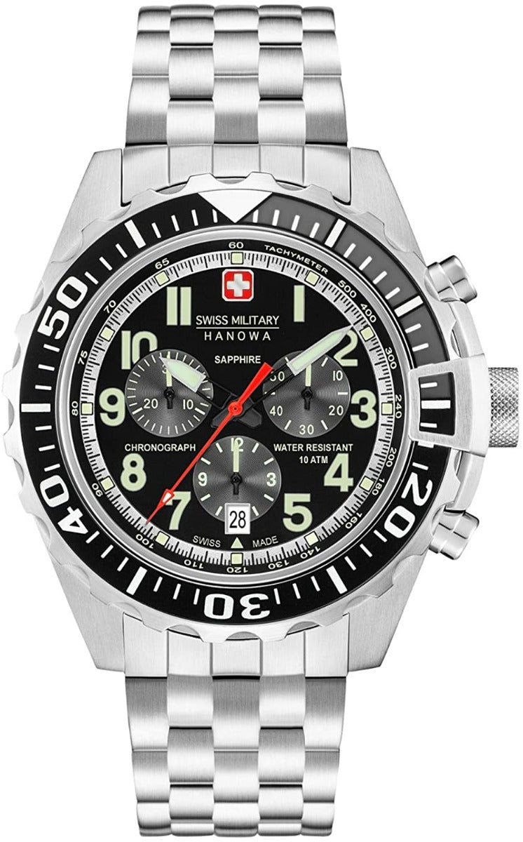 Gwyliad Cronograff Dynion Swiss Military gyda Deial Du a Strap Arian 06-5304.04.007