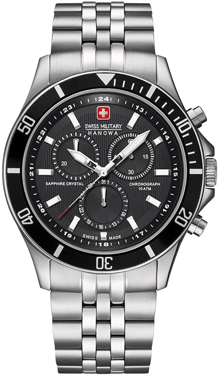 Gwylio Chronograph Blaenllaw Gwrywaidd Milwrol o'r Swistir gyda Deial Du a Strap Arian 06-5183.7.04.007