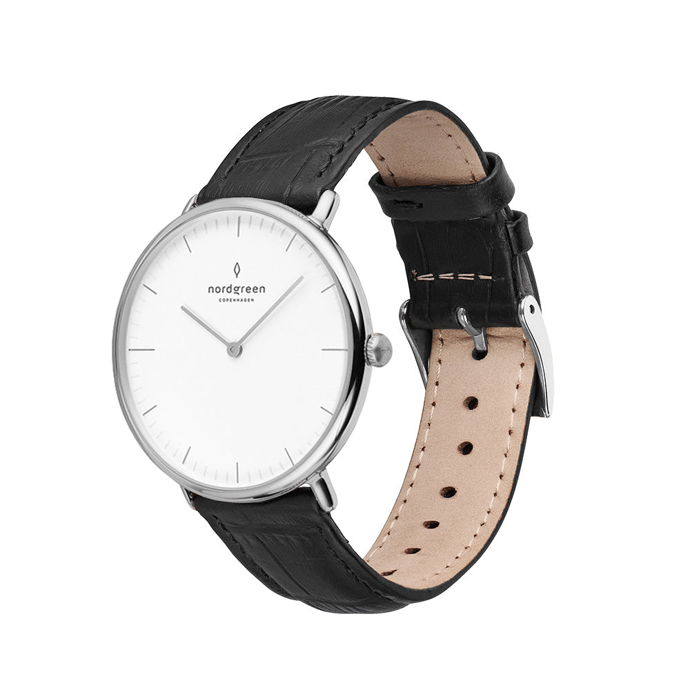 Nordgreen Native Scandinavian Silver Ladies Watch with White Dial and Black Leather Strap