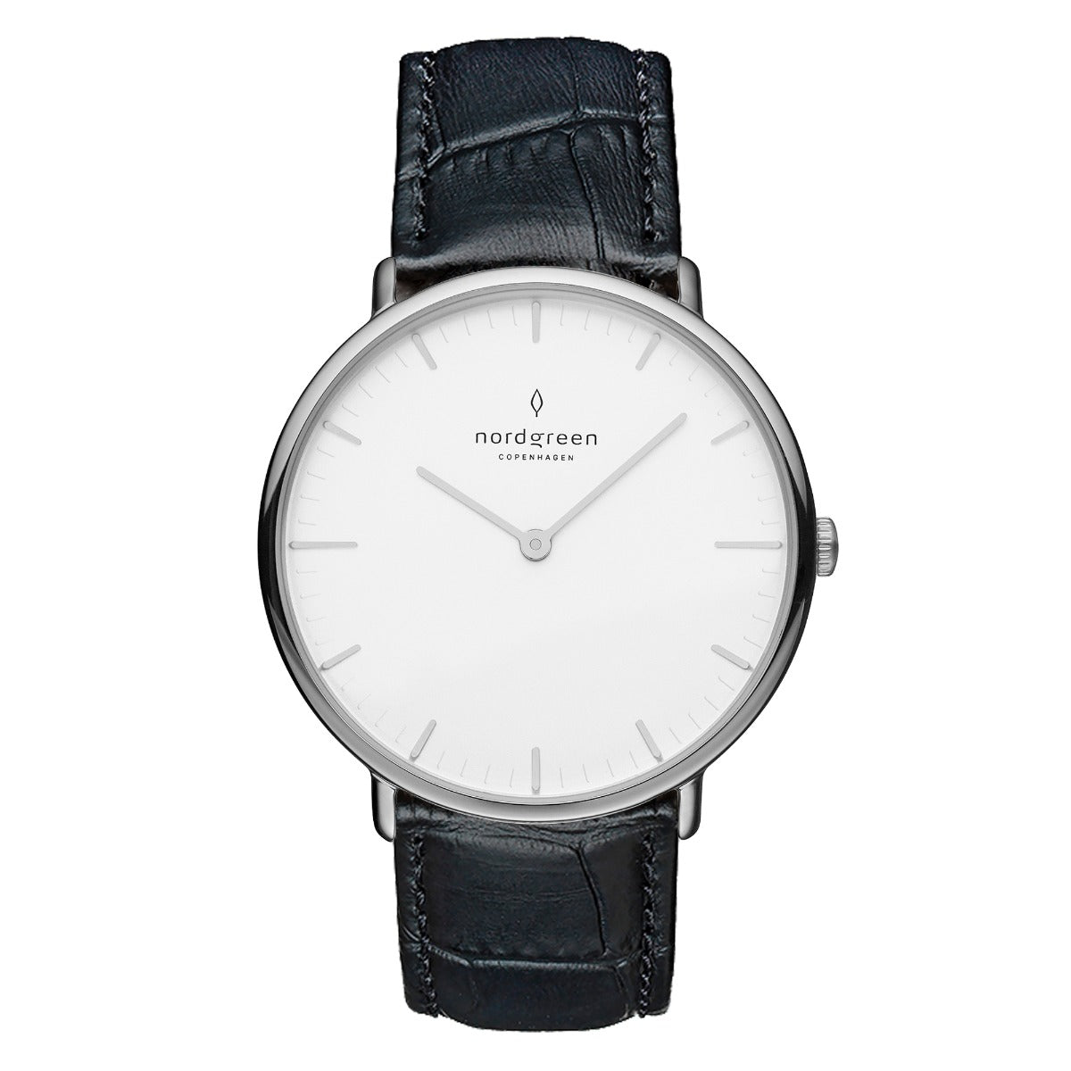 Nordgreen Native Scandinavian Silver Ladies Watch with White Dial and Black Leather Strap