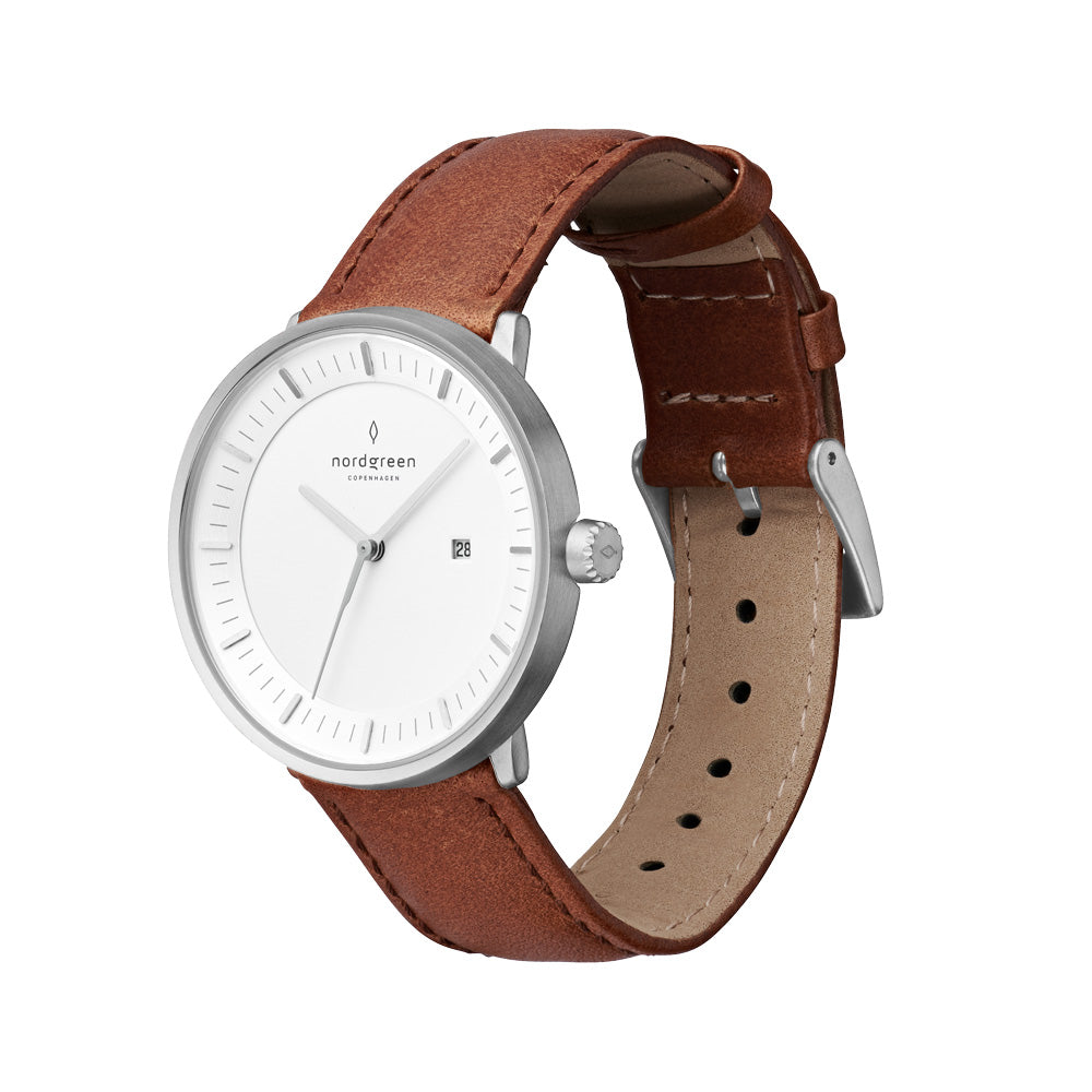 Nordgreen Philosopher Scandinavian Silver Unisex Watch with Brown Leather Strap