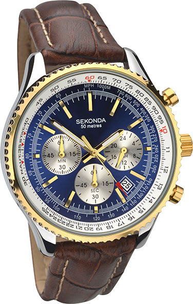 Sekonda Mens Chronograph Watch with Blue Dial and Brown Leather Strap 1055
