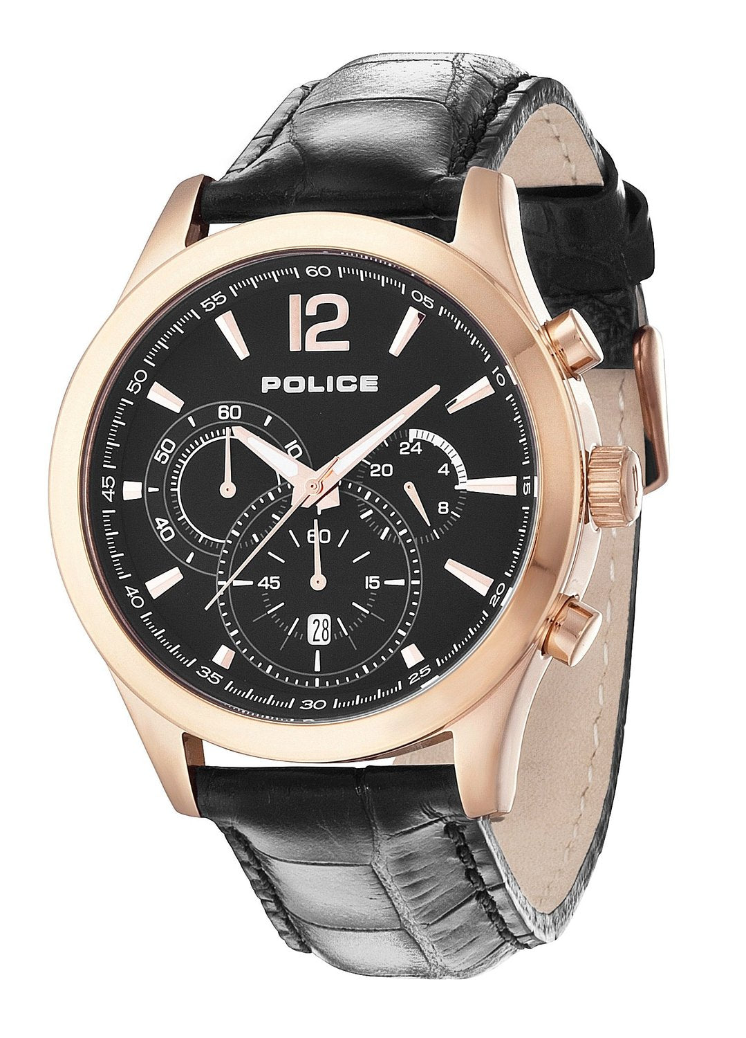 Police Men's Black Leather Strap Watch
