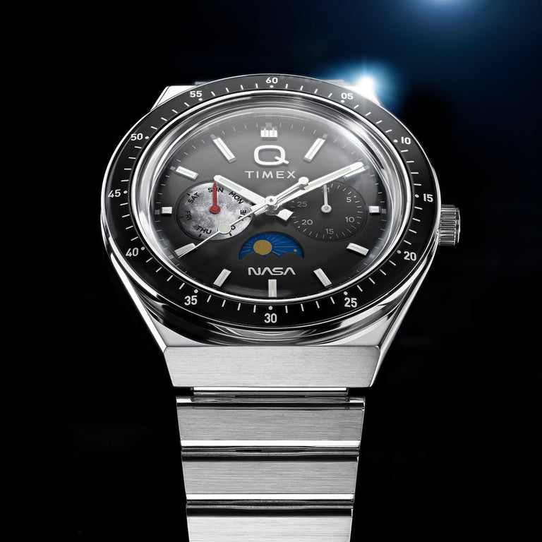 Timex Nasa Mens Watch with Black Dial and Silver Strap TW2Y56700