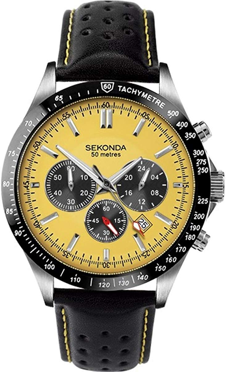 Sekonda Mens Chronograph Watch with Yellow Dial and Black Leather Strap 1395
