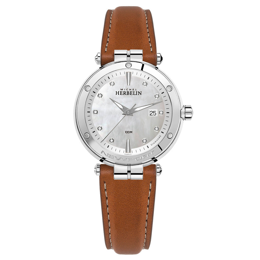 Herbelin Newport Diamond Ladies Watch with Mother of Pearl Dial and Brown Strap 14288/AP89GO