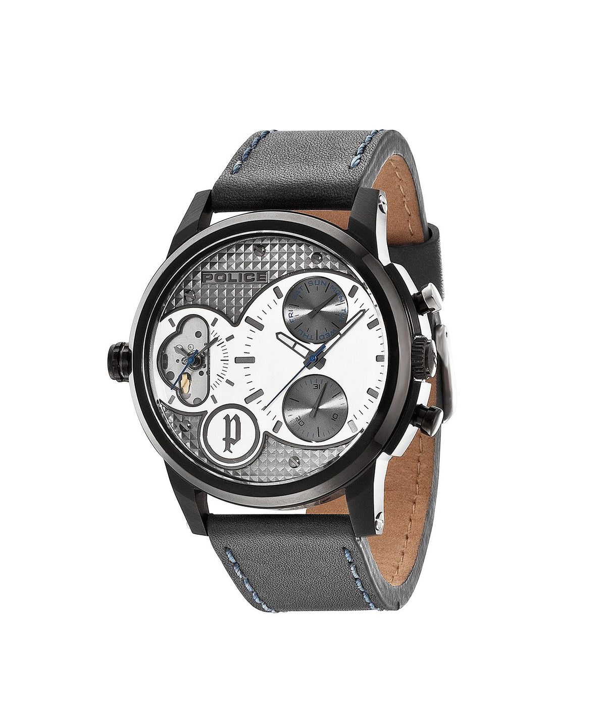 Police DIAMONDBACK men's quartz Watch with silver Dial chronograph Display and grey leather Strap 14376JSB/04