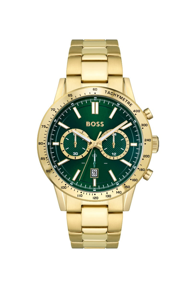Awr Dynion Boss Allure gyda Deial Gwyrdd a Strap Aur 1513923