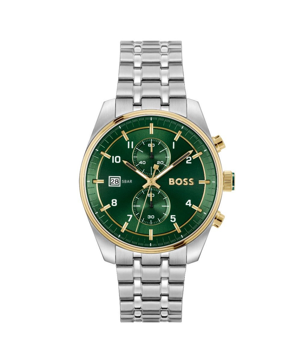 Boss Skytraveller Mens Watch with Green Dial and Silver Strap 1514195