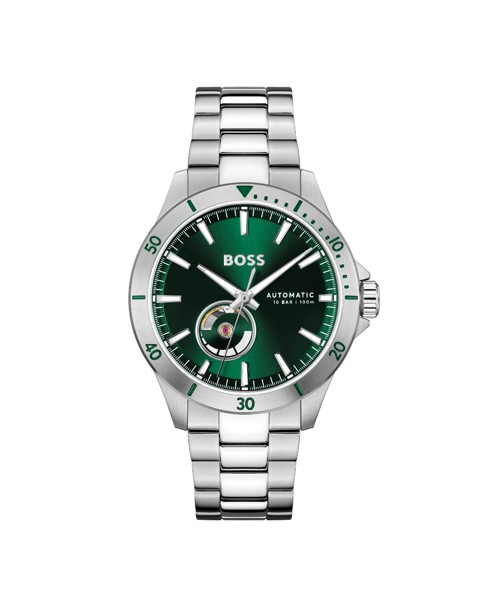Boss Troper Automatic Mens Watch with Green Dial and Silver Strap 1514200