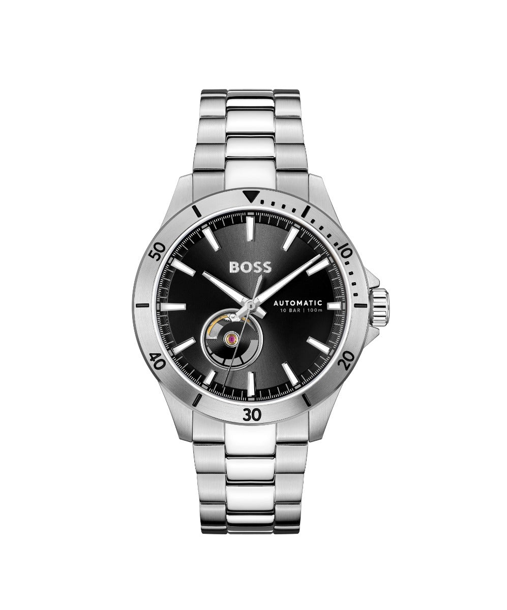 Boss Troper Automatic Mens Watch with Black Dial and Silver Strap 1514202