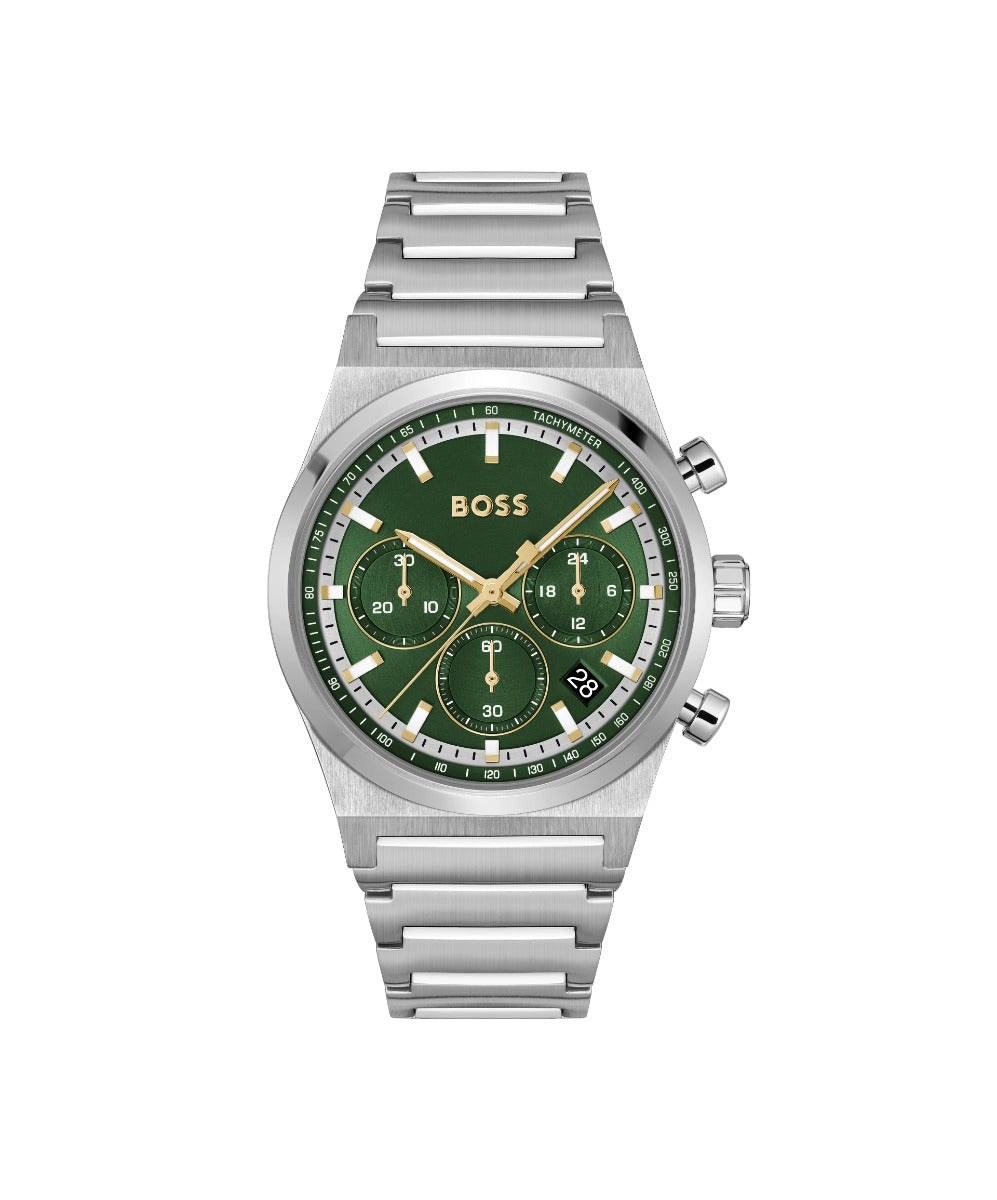 Boss Candor Chrono Mens Watch with Green Dial and Silver Strap 1514220