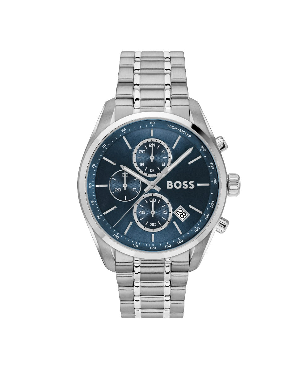 Cloc Arddwrn Dynion Boss Grand Prix 44 gyda Deial Glas a Strap Arian 1514226