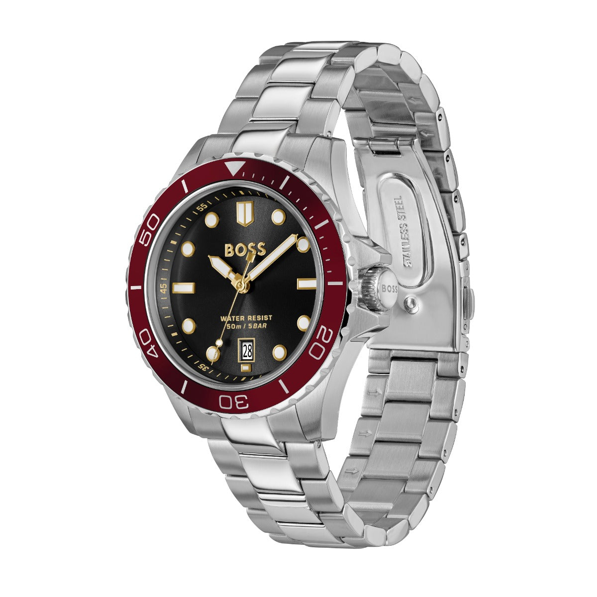 Boss Troper Sport Gwylio Dynion gyda Deial Du a Strap Arian 1514304
