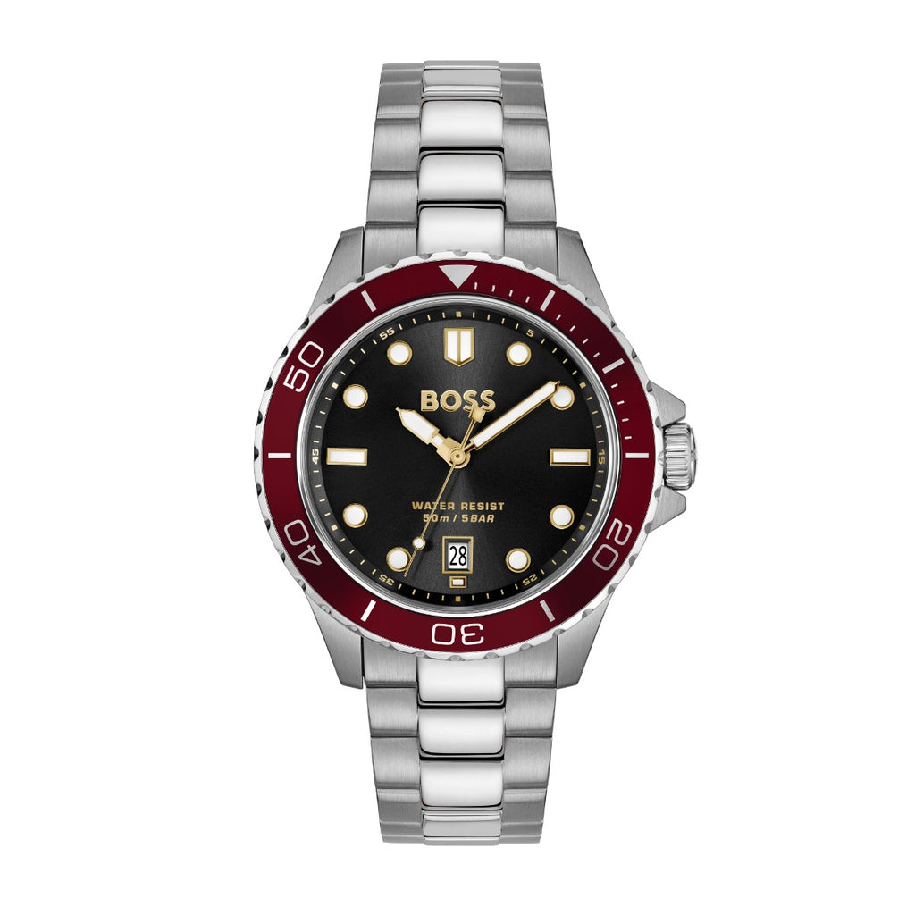 Boss Troper Sport Gwylio Dynion gyda Deial Du a Strap Arian 1514304