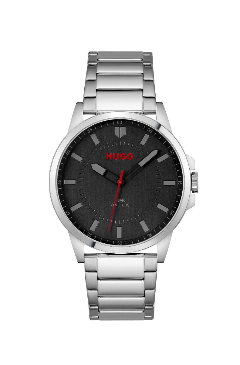 Hugo #First Mens Watch with Black Dial and Silver Strap 1530246