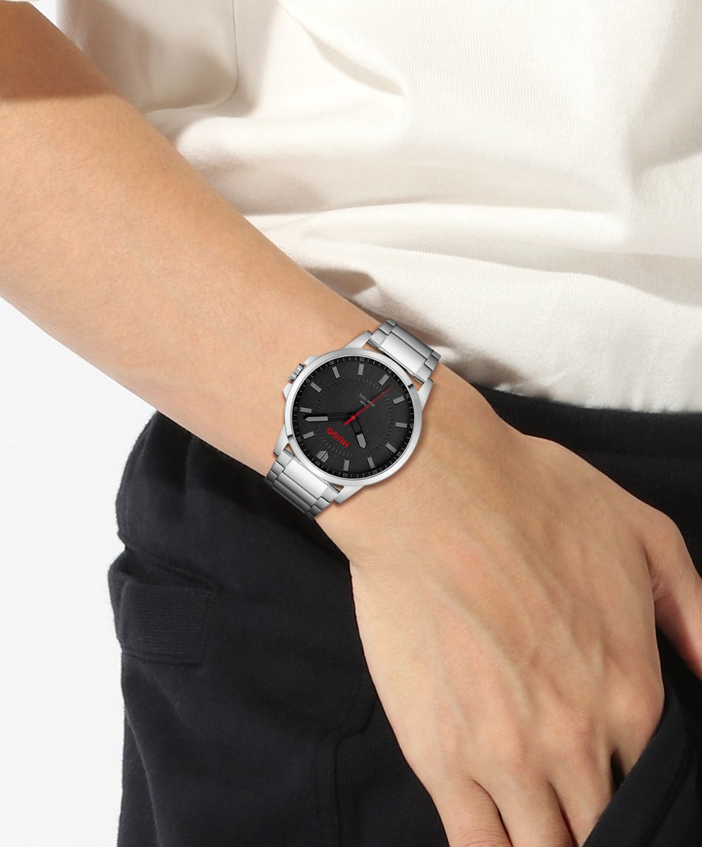 Hugo #First Mens Watch with Black Dial and Silver Strap 1530246