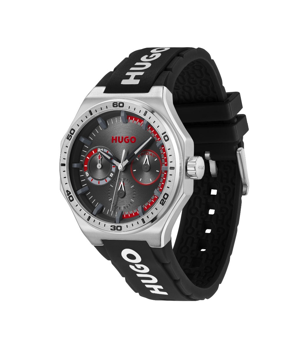 Gwylio Dynion Hugo gyda Deial Du a Strap Ddu 1530397