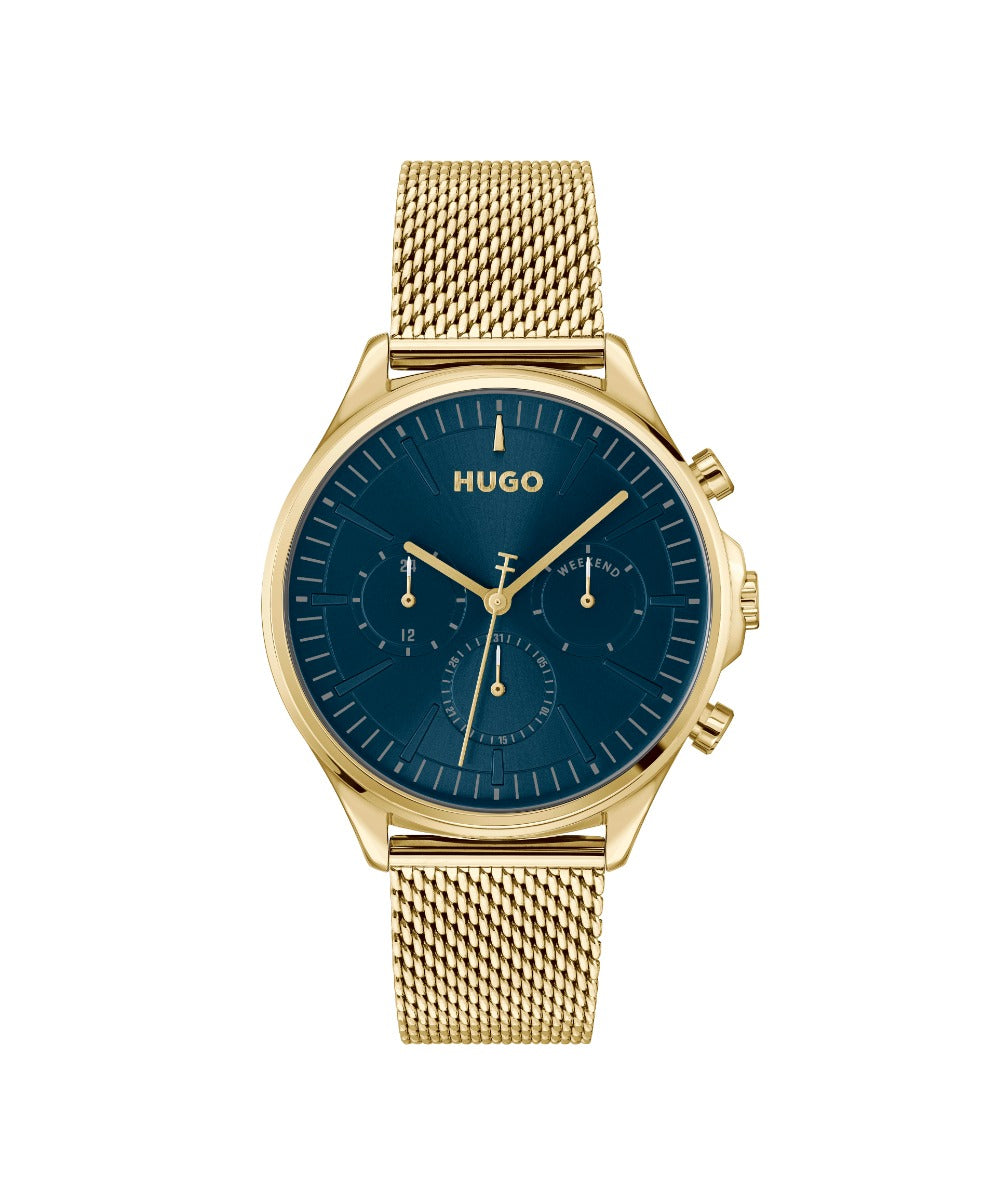 HUGO Mens Watch with Blue Dial and Gold Bracelet 1530410