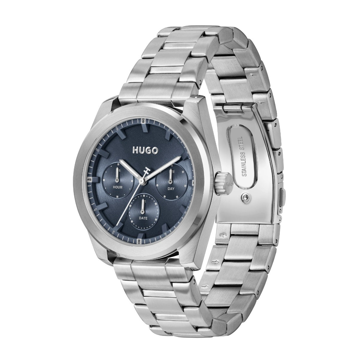 Gwylio Dynion Chwaraeon Hugo #Bright gyda Deial Glas a Strap Arian 1530424