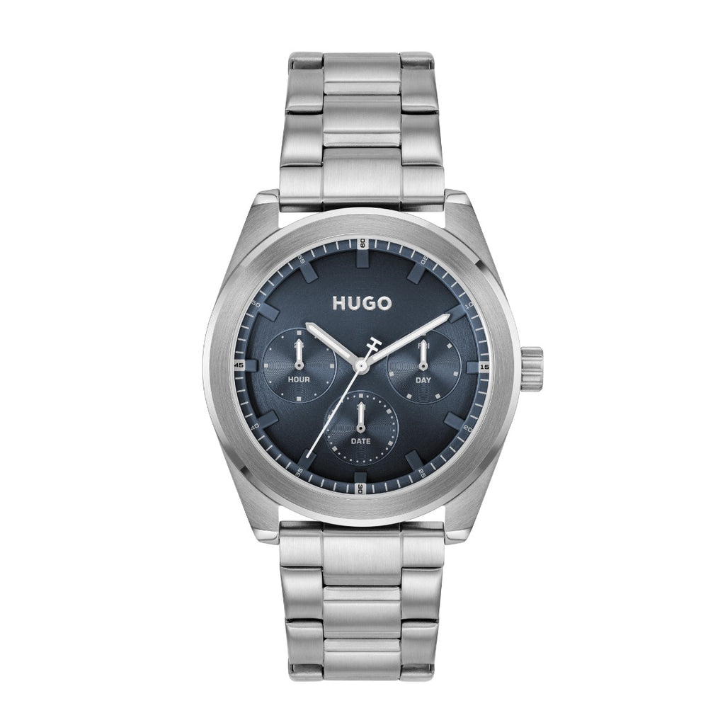 Gwylio Dynion Chwaraeon Hugo #Bright gyda Deial Glas a Strap Arian 1530424
