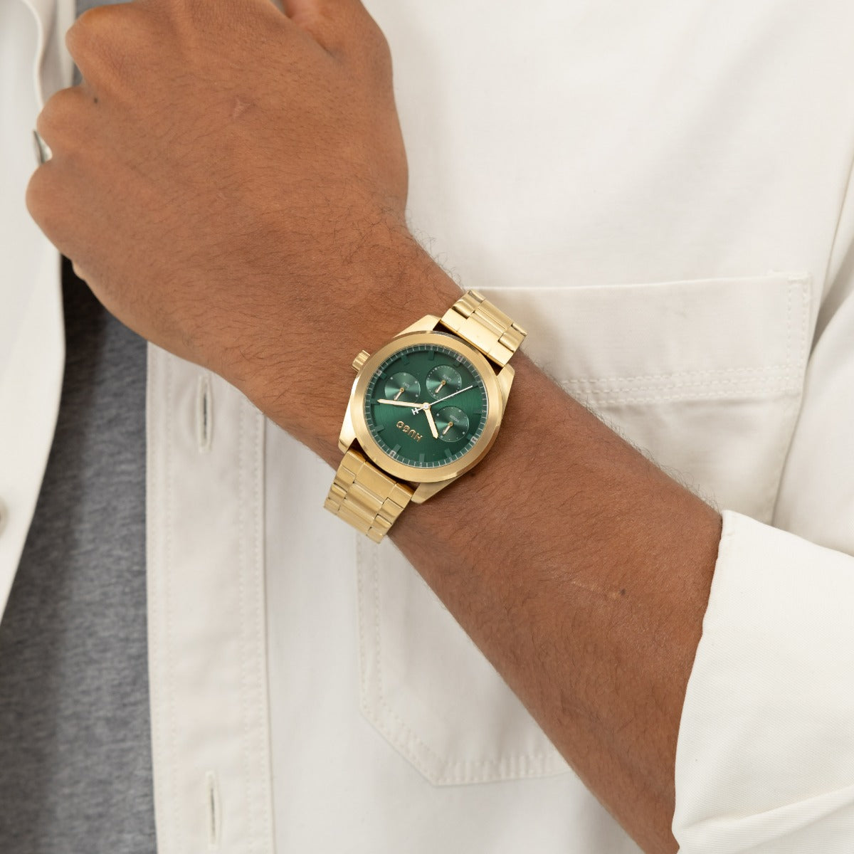 Hugo #Bright Sport Mens Watch with Green Dial and Gold Strap 1530425