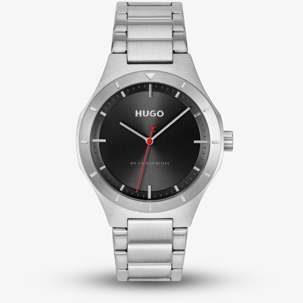 HUGO Lit Mens Watch with Black Dial and Silver Bracelet 1530447