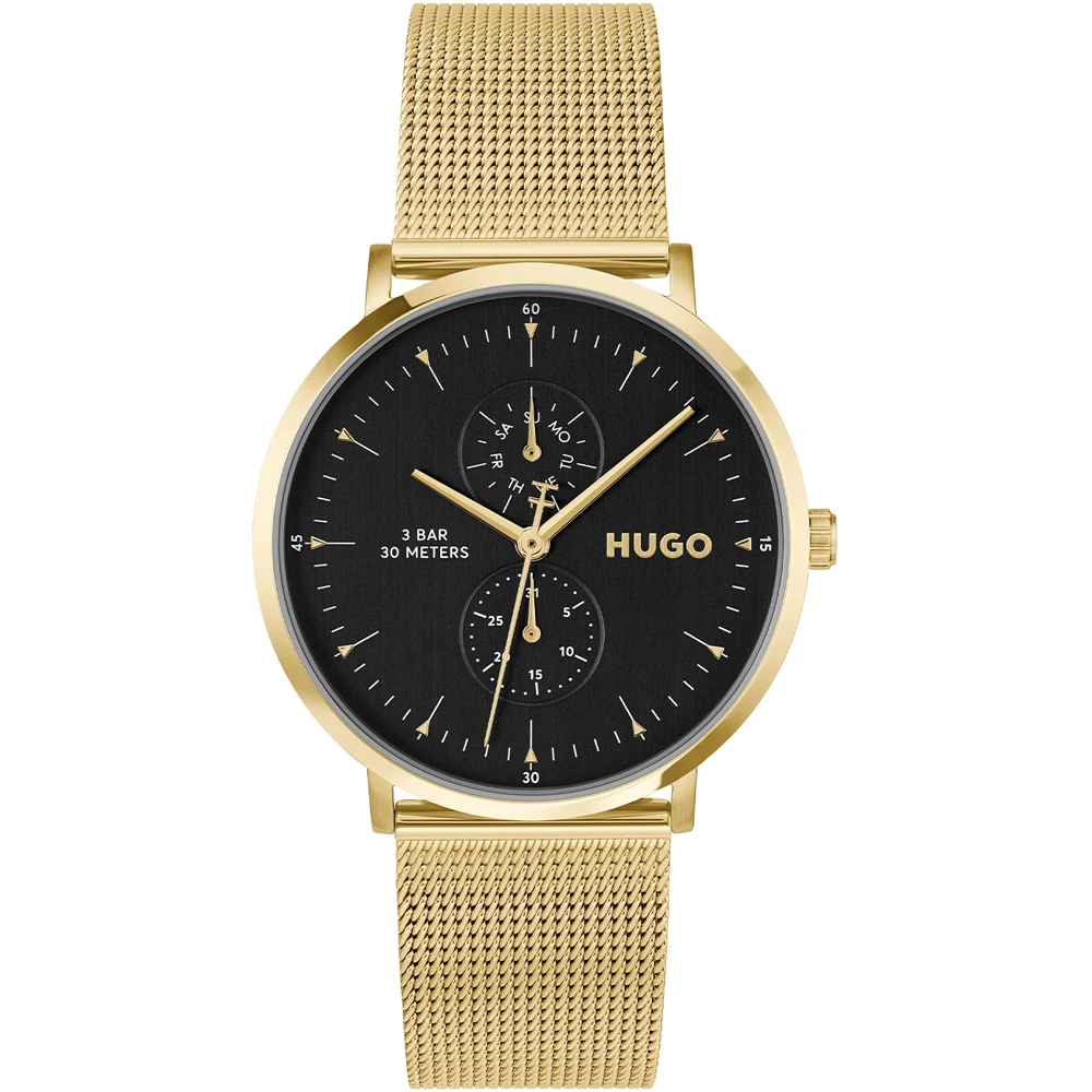 HUGO Style Mens Watch with Black Dial and Gold Bracelet 1530458