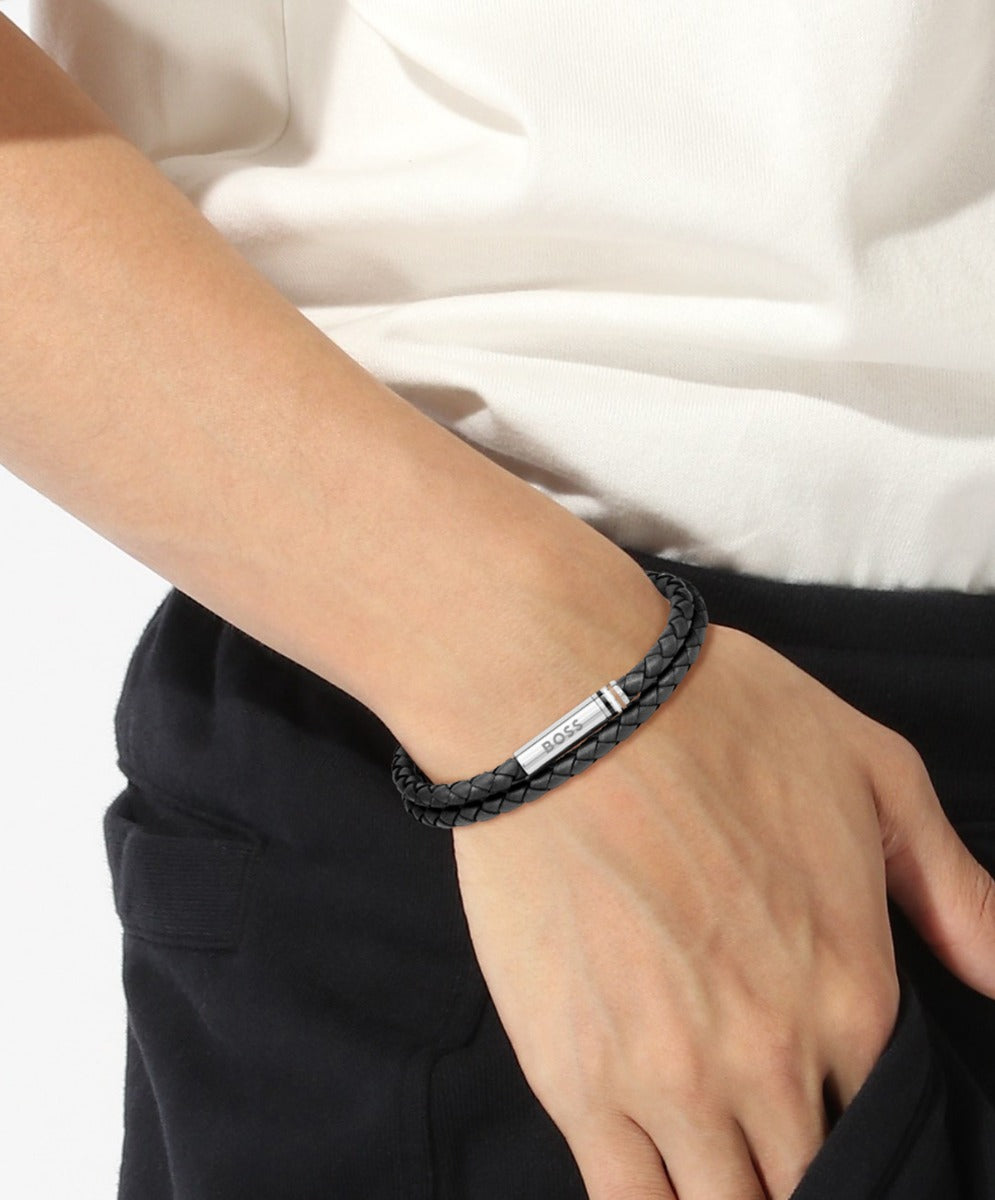 BOSS Men's Black Leather Bracelet 1580489M