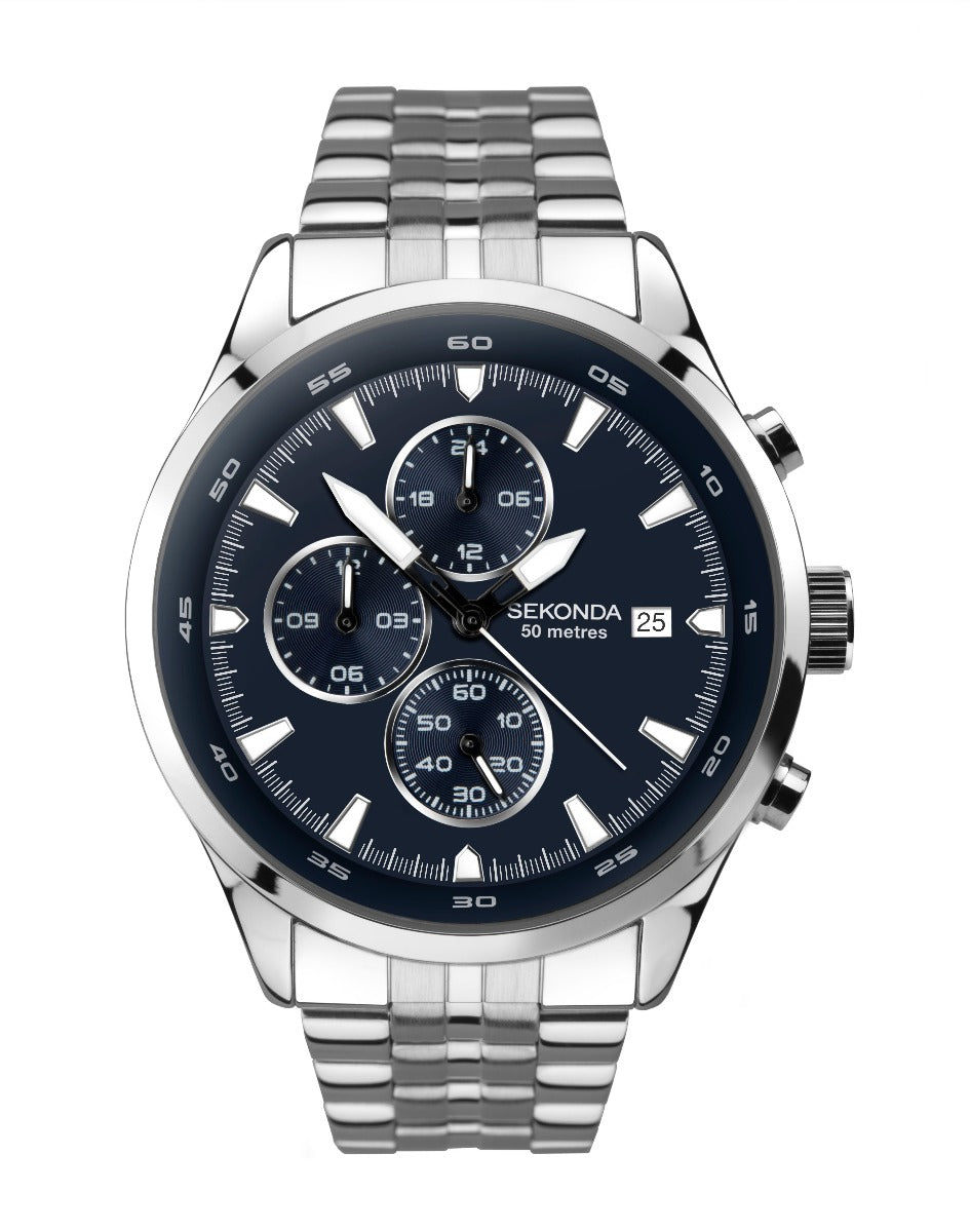 Sekonda Mens Chronograph Watch with Blue Dial and Silver Bracelet 1632