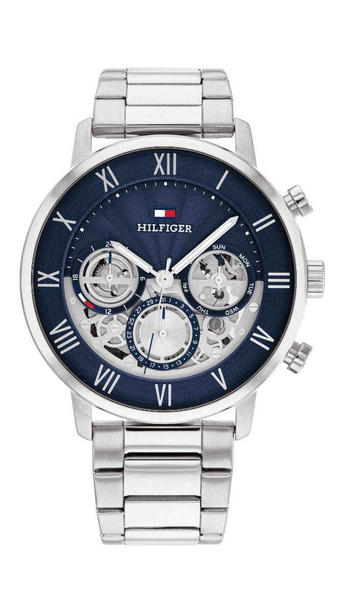 Gwyliad Tommy Hilfiger Legend i Ddynion gyda Deial Glas a Strap Arian 1710569