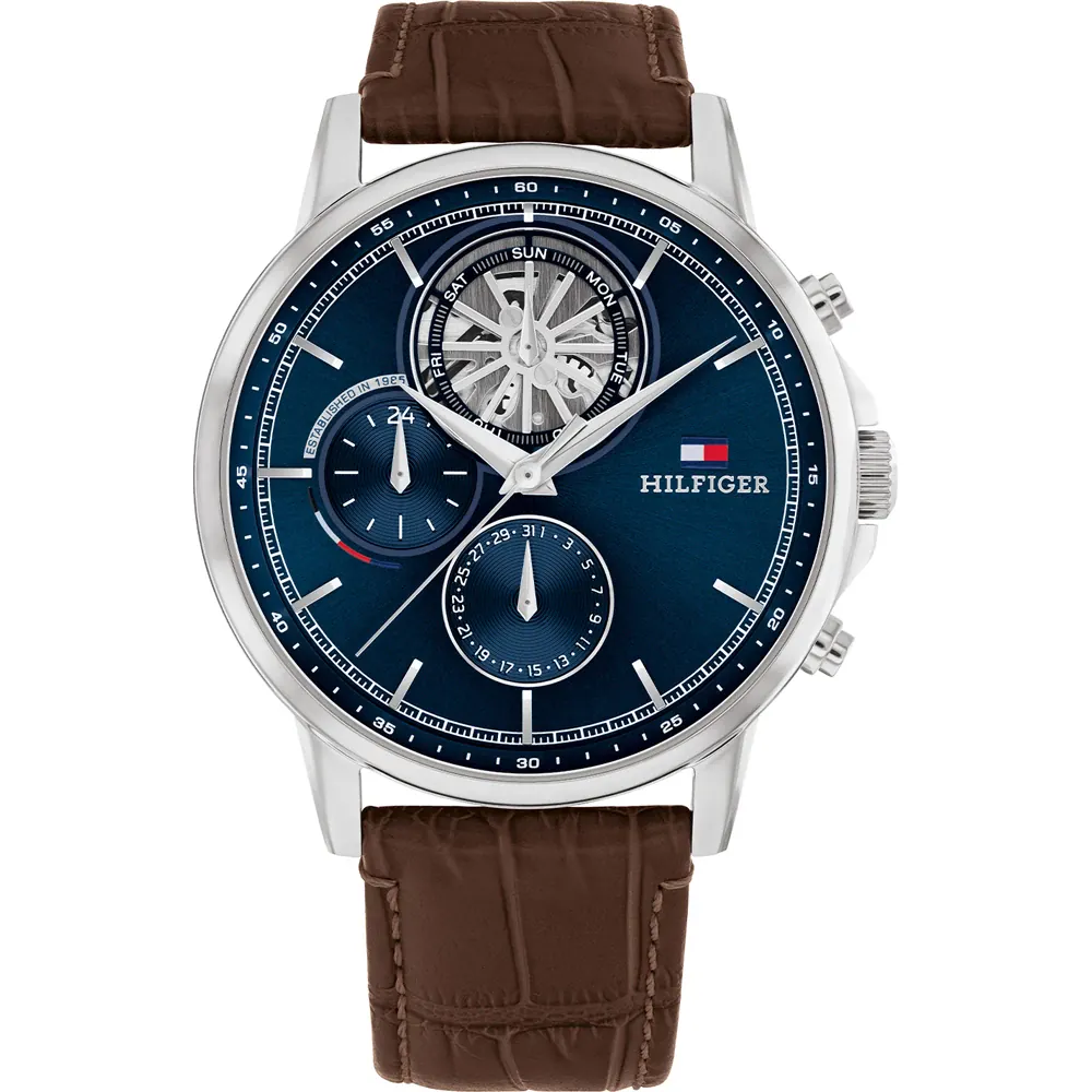 Wats Tommy Hilfiger Stewart i Ddynion gyda Deial Glas a Strap Brown 1710629