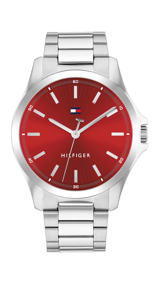 Wats Dynion Tommy Hilfiger Bruce gyda Deial Coch a Strap Arian 1710677