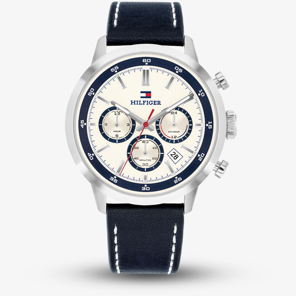 Gwyliad Tommy Hilfiger Kent i Ddynion gyda Deial Gwyn a Strap Glas 1710751