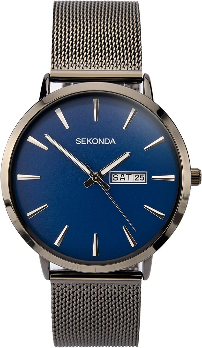 Gwylio Dynion Sekonda gyda Deial Glas a Strap Milanese Gunmetal 1728