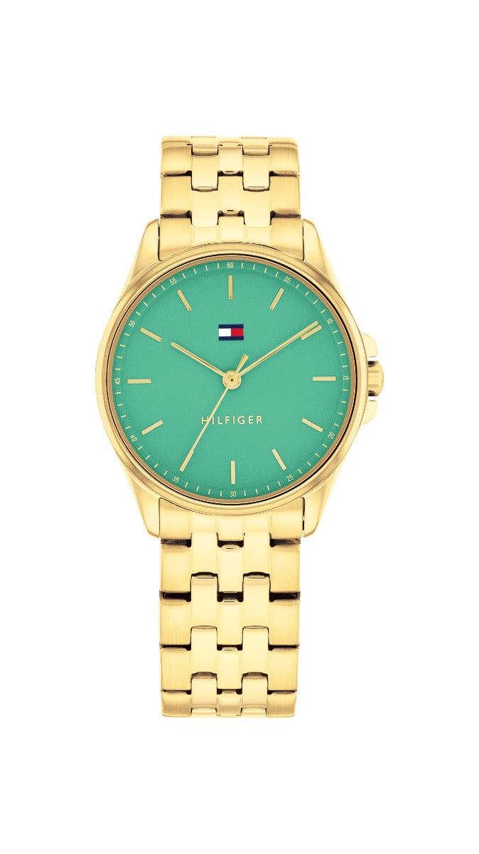 Tommy Hilfiger Jade Gwylio Merched gyda Deial Gwyrdd a Strap Aur 1782774